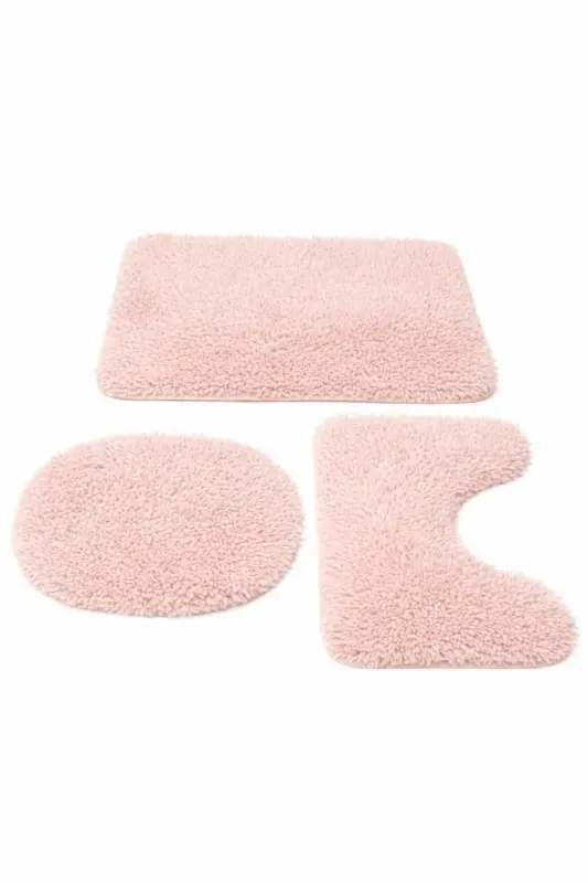 Peluş Kaymaz Yıkanabilir Banyo Paspası Klozet Takımı 3'Lü 50x80/50x60/40x45(klozt kapağı) - Pudra - 5