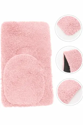 Peluş Kaymaz Yıkanabilir Banyo Paspası Klozet Takımı 3'Lü 50x80/50x60/40x45(klozt kapağı) - Pudra - 6