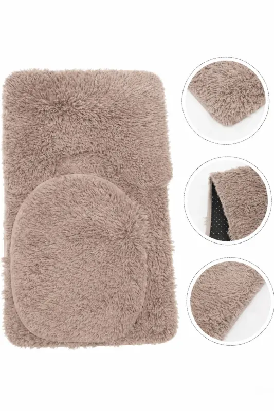Peluş Kaymaz Yıkanabilir Banyo Paspası Klozet Takımı 3'Lü 50x80/50x60/40x45(klozt kapağı) - Vizon - 2
