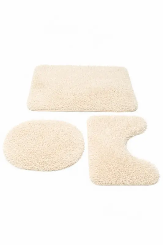 Peluş Kaymaz Yıkanabilir Banyo Paspası Klozet Takımı 3'Lü 50x80/50x60/40x45(klozt kapağı) - Ekru - SARAR