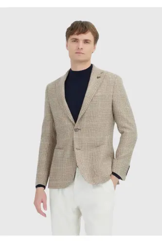 Bej Kareli Shirt Shoulder Slim Fit Yün Karışımlı Ceket - bej - 1