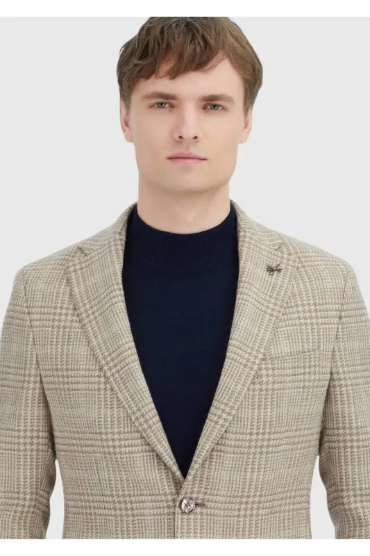 Bej Kareli Shirt Shoulder Slim Fit Yün Karışımlı Ceket - bej - 4