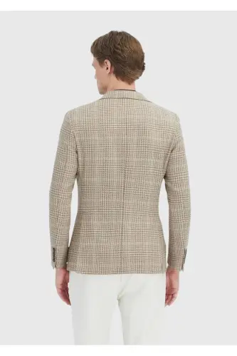 Bej Kareli Shirt Shoulder Slim Fit Yün Karışımlı Ceket - bej - 5