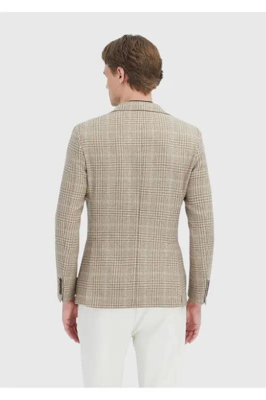 Bej Kareli Shirt Shoulder Slim Fit Yün Karışımlı Ceket - bej - 5
