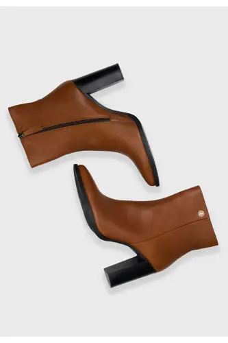 Deri Yandan Fermuarlı Kalın Topuklu Bot - Kahverengi - 3