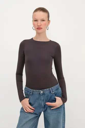 Bisiklet Yaka Basic Bodysuit Z0107-ASN75 - Z.Kahve 