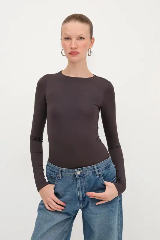Bisiklet Yaka Basic Bodysuit Z0107-ASN75 - Z.Kahve - ADDAX