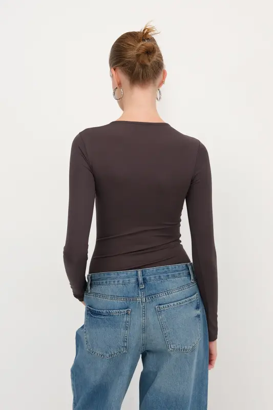 Bisiklet Yaka Basic Bodysuit Z0107-ASN75 - Z.Kahve - 6