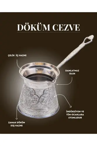 Desenli Döküm Cezve 4 Kişilik- İndüksiyonlu Ocaklara Uyumlu 170 Ml - Gümüş - AYVALI METAL (1)