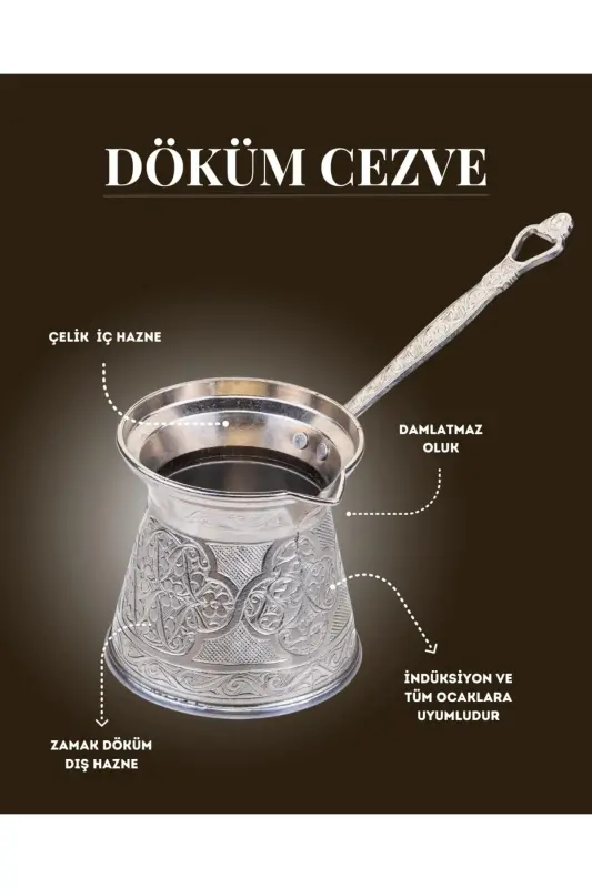 Desenli Döküm Cezve 4 Kişilik- İndüksiyonlu Ocaklara Uyumlu 170 Ml - Gümüş - 2