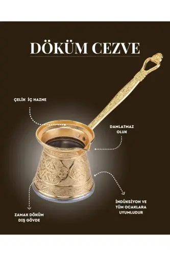 Desenli Döküm Cezve 4 Kişilik- İndüksiyonlu Ocaklara Uyumlu 170 Ml - Altın - AYVALI METAL (1)