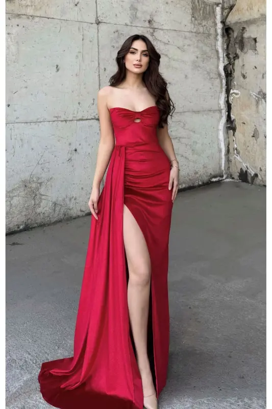 Leya Straplez Kadife Abiye 583115 - Kırmızı - 8