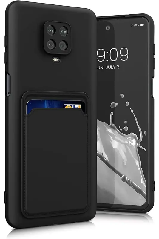 Redmi Note 9 Pro/9S Kılıf Kamera Korumalı Arkası Kartlıklı Cüzdanlı Kırmızı Tuşlu Siyah Silikon - Spike - 1