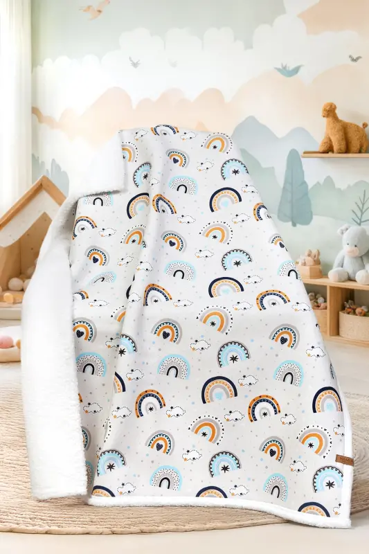 Fluffy Bebek Battaniyesi 80x100 Cm Gök Mavi Kundak Puset Çift Taraflı Koyun Tüyü Battaniye 100x80 - Açık Mavi - HAMUR