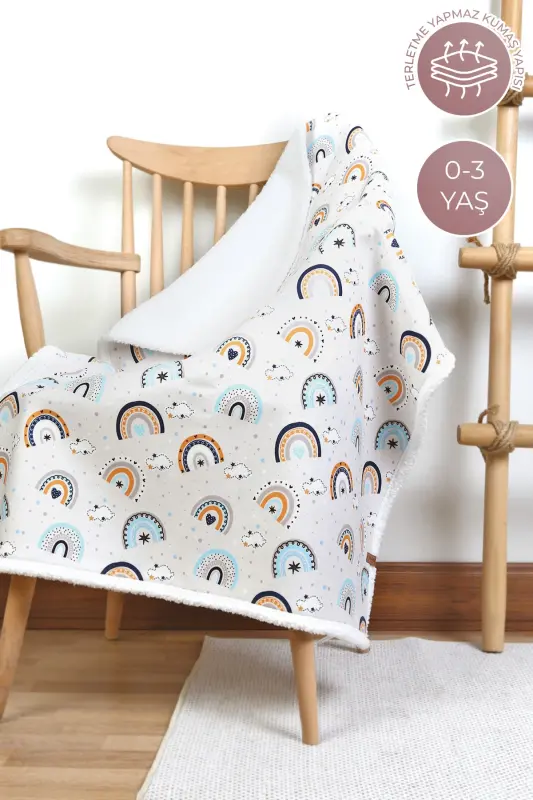 Fluffy Bebek Battaniyesi 80x100 Cm Gök Mavi Kundak Puset Çift Taraflı Koyun Tüyü Battaniye 100x80 - Açık Mavi - 4