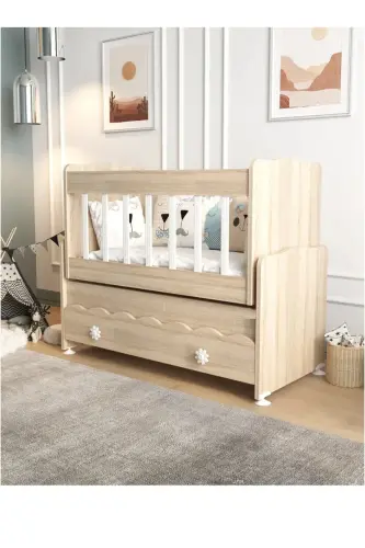 Çekmeceli Sallanır Anne Yanı Ahşap Bebek Beşiği Sonoma cradle - Bej - 7