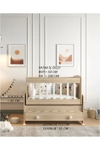 Çekmeceli Sallanır Anne Yanı Ahşap Bebek Beşiği Sonoma cradle - Bej - 11
