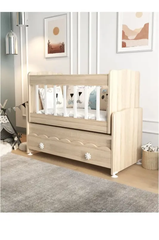 Çekmeceli Sallanır Anne Yanı Ahşap Bebek Beşiği Sonoma cradle - Bej - 1