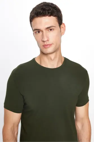 Erkek Slim Fit Dar Kesim Pamuklu Yumuşak Doku Likralı Esnek Kumaş Basic Haki Bisiklet Yaka Tişört - Haki - 8