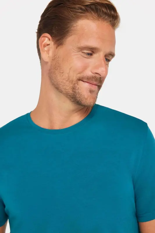 Erkek Slim Fit Dar Kesim Pamuklu Yumuşak Doku Likralı Esnek Kumaş Basic Petrol Bisiklet Yaka Tişört - Petrol - 8