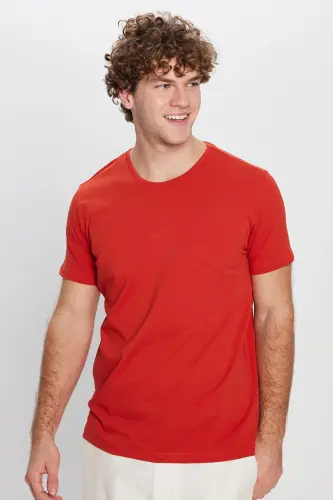 Erkek Slim Fit Dar Kesim Pamuklu Yumuşak Doku Likralı Esnek Kumaş Basic Kiremit Bisiklet Yaka Tişört - Kiremit 