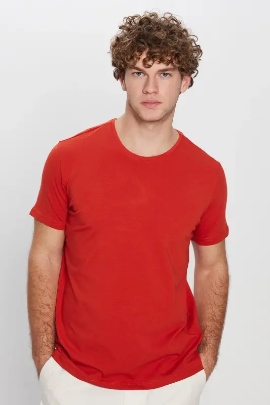 Erkek Slim Fit Dar Kesim Pamuklu Yumuşak Doku Likralı Esnek Kumaş Basic Kiremit Bisiklet Yaka Tişört - Kiremit - 4