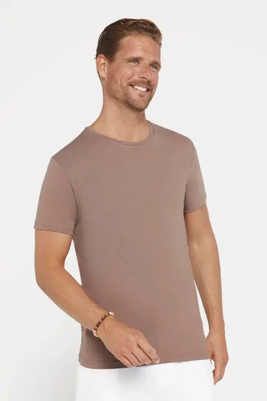 Erkek Slim Fit Dar Kesim Pamuklu Yumuşak Dokulu Esnek Kumaş Düz Basic Kahverengi Bisiklet Yaka Tişör - Kahverengi1 - 7