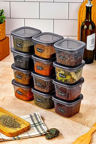 12'li Etiketli Ve Sızdırmaz Kapaklı Erzak Saklama Seti - 550ML - Etiket Hediyeli - antrasit - 8