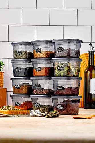 12'li Etiketli Ve Sızdırmaz Kapaklı Erzak Saklama Seti - 550ML - Etiket Hediyeli - antrasit - 1