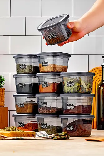 12'li Etiketli Ve Sızdırmaz Kapaklı Erzak Saklama Seti - 550ML - Etiket Hediyeli - antrasit - ICONE LIFE (1)