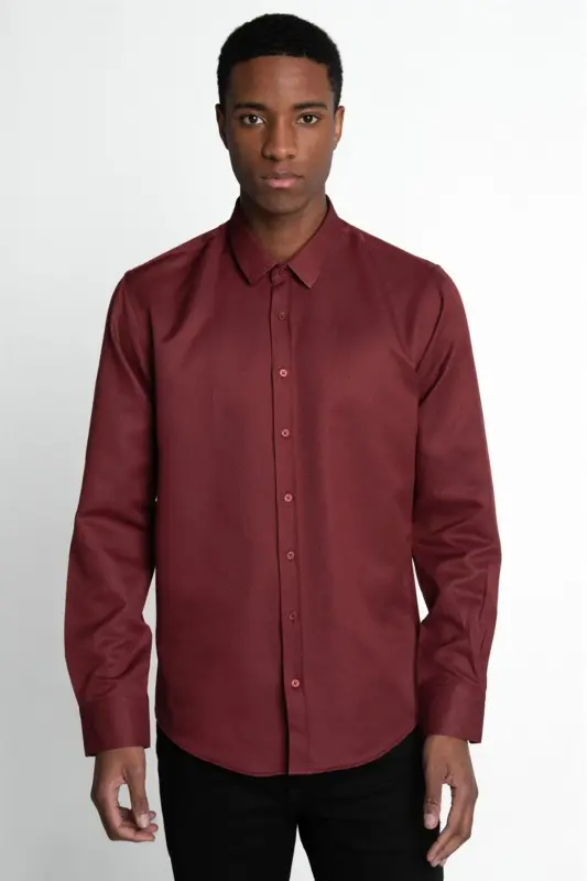 Modern Slim Fit Pamuklu Kolay Ütülenebilir Armürlü Erkek Gömlek - Bordo - 7
