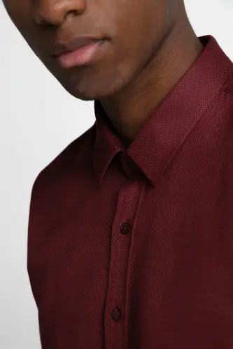 Modern Slim Fit Pamuklu Kolay Ütülenebilir Armürlü Erkek Gömlek - Bordo - 3