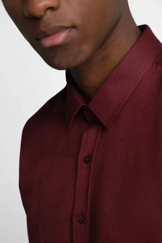 Modern Slim Fit Pamuklu Kolay Ütülenebilir Armürlü Erkek Gömlek - Bordo - 3