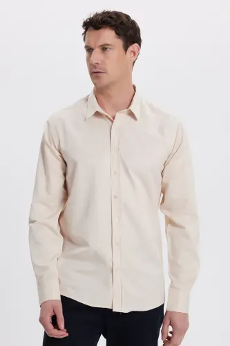 Modern Slim Fit Uzun Kollu Pamuklu Kolay Ütülenebilir Armürlü Bej Erkek Gömlek - Bej1 - 4