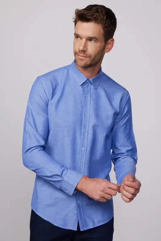 Modern Slim Fit Pamuklu Kolay Ütülenebilir Armürlü Erkek Gömlek - İndigo - 6