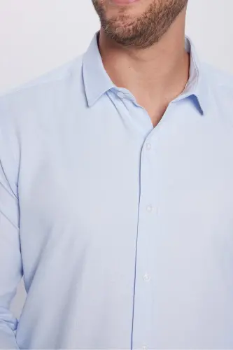 Erkek Modern Fit Dar Kesim Pamuklu Kolay Ütülenebilir Armürlü Mavi Gömlek - Mavi1 - 9