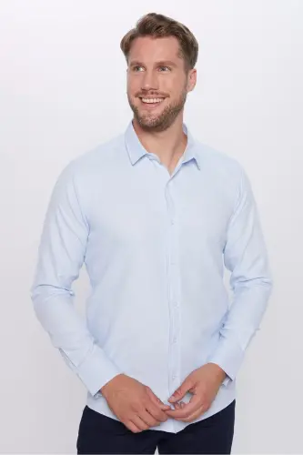 Erkek Modern Fit Dar Kesim Pamuklu Kolay Ütülenebilir Armürlü Mavi Gömlek - Mavi1 