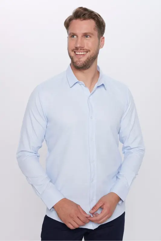 Erkek Modern Fit Dar Kesim Pamuklu Kolay Ütülenebilir Armürlü Mavi Gömlek - Mavi1 - TUDORS