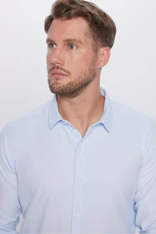 Erkek Modern Fit Dar Kesim Pamuklu Kolay Ütülenebilir Armürlü Mavi Gömlek - Mavi1 - 3