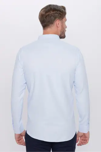 Erkek Modern Fit Dar Kesim Pamuklu Kolay Ütülenebilir Armürlü Mavi Gömlek - Mavi1 - 5