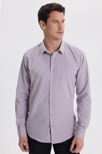Modern Slim Fit Uzun Kollu Pamuklu Kolay Ütülenebilir Armürlü Gül Kurusu Erkek Gömlek - Gül Kurusu - 5