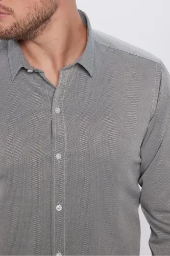 Erkek Modern Fit Dar Kesim Pamuklu Kolay Ütülenebilir Armürlü Gri Gömlek - Gri - 9