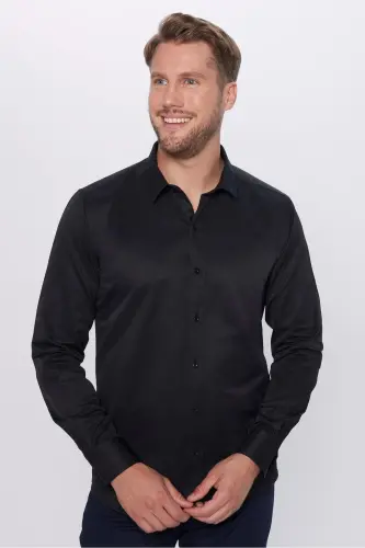 Erkek Modern Fit Dar Kesim Pamuklu Kolay Ütülenebilir Armürlü Siyah Gömlek - Siyah - 6