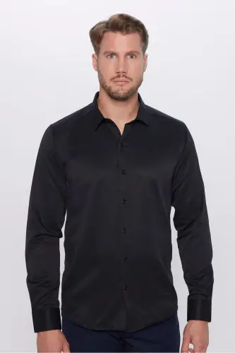 Erkek Modern Fit Dar Kesim Pamuklu Kolay Ütülenebilir Armürlü Siyah Gömlek - Siyah - 7