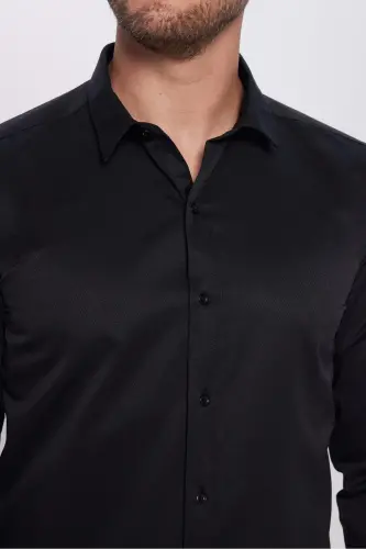 Erkek Modern Fit Dar Kesim Pamuklu Kolay Ütülenebilir Armürlü Siyah Gömlek - Siyah - 9