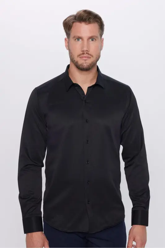 Erkek Modern Fit Dar Kesim Pamuklu Kolay Ütülenebilir Armürlü Siyah Gömlek - Siyah - 2