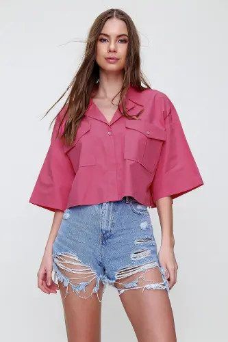 Kadın Koyu Pembe Zarf Cepli Crop Poplin Gömlek ALC-X6045 - KOYU PEMBE - 3