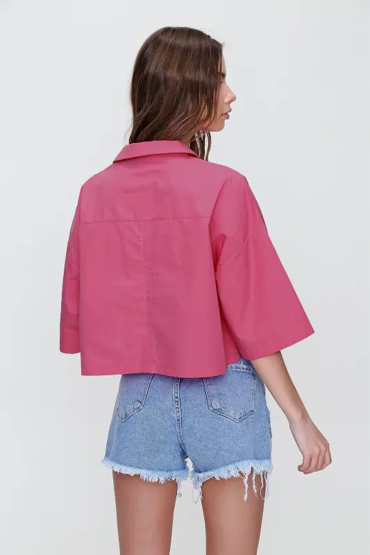 Kadın Koyu Pembe Zarf Cepli Crop Poplin Gömlek ALC-X6045 - KOYU PEMBE - 4