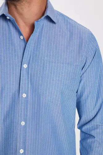 Erkek Regular Fit Klasik Kesim İnce Çizgili Pamuklu Kravatlık Yaka Gömlek - Multi4 - 8