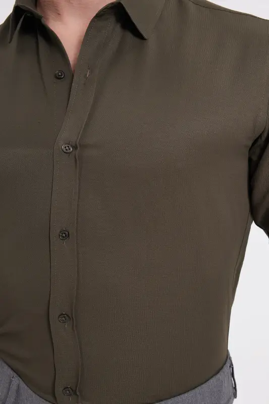 Modern Slim Fit Pamuklu Kolay Ütülenebilir Armürlü Erkek Gömlek - Haki - 4